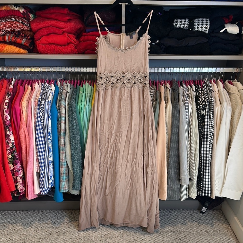 Faded Rose tan sleeveless crocheted adjustable straps maxi dress size M
